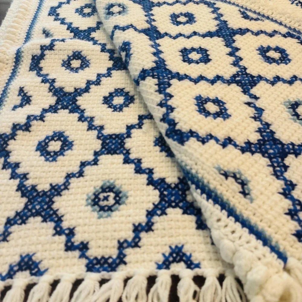 Vintage Handmade Crochet Afghan Throw & Matching Pillow Blue White Charleston